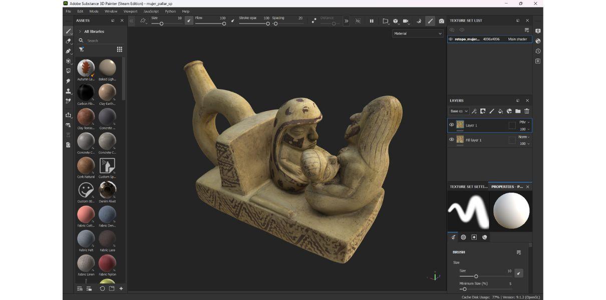 Figura 4: Proceso de optimizaci&oacute;n del modelo tridimensional en Adobe Substance 3D Painter. Botella mochica que representa una escena donde aparece la &ldquo;Mujer pallar&rdquo; y el amamantamiento de una infante por su madre (Pieza EBBCE00000-59). 